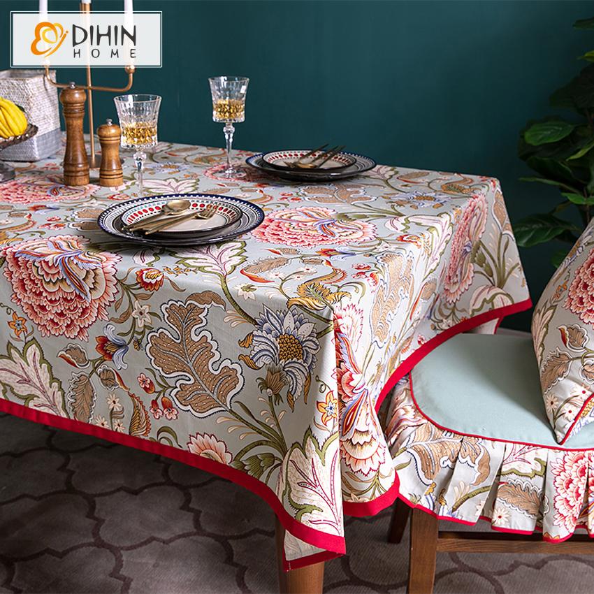 DIHIN HOME American Retro Flowers Printed Tablecloth With Red Border For Rectangle Tables,Custom Washed Linen Tablecloth,Handmade Rectangle Table Cover Roman Shades Curtains Window Blinds custom curtains blackout curtains curtains for living room sheer curtains curtain fabric linen curtains kitchen curtains velvet curtains pinch pleat curtains bay window curtains outdoor curtains pleated curtains floral curtains dining room curtains kitchen valances drapes for bedroom patio curtains nursery curtains grommet