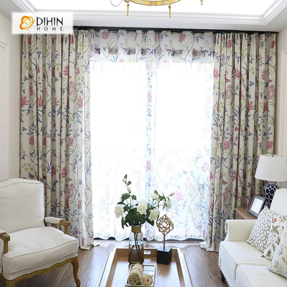 DIHIN HOME Birds and Gorgeous Flowers Printed，Blackout Grommet Window Curtain for Living Room ,52x63-inch,1 Panel Curtains custom curtains blackout curtains curtains for living room curtain fabric linen curtains