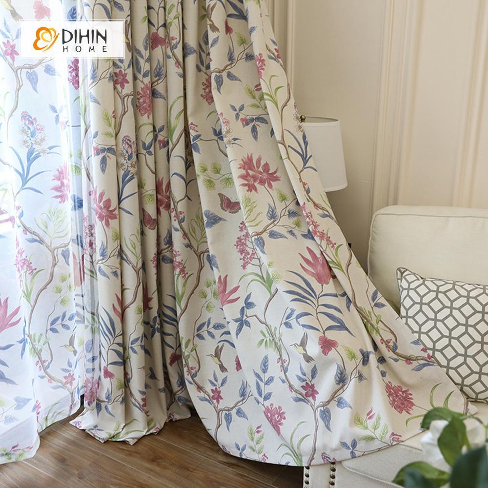 DIHIN HOME Birds and Gorgeous Flowers Printed，Blackout Grommet Window Curtain for Living Room ,52x63-inch,1 Panel Curtains custom curtains blackout curtains curtains for living room curtain fabric linen curtains