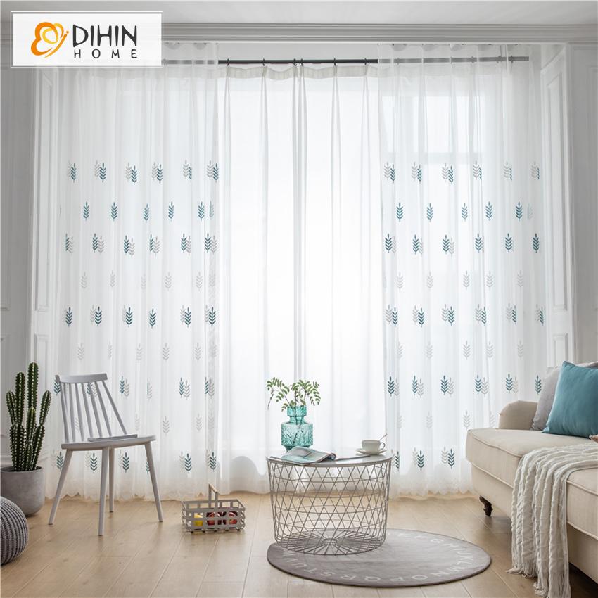 DIHIN HOME Blue and White Wheat Embroidered,Sheer Curtain,Grommet Window Curtain for Living Room ,52x63-inch,1 Panel Curtains custom curtains blackout curtains curtains for living room curtain fabric linen curtains