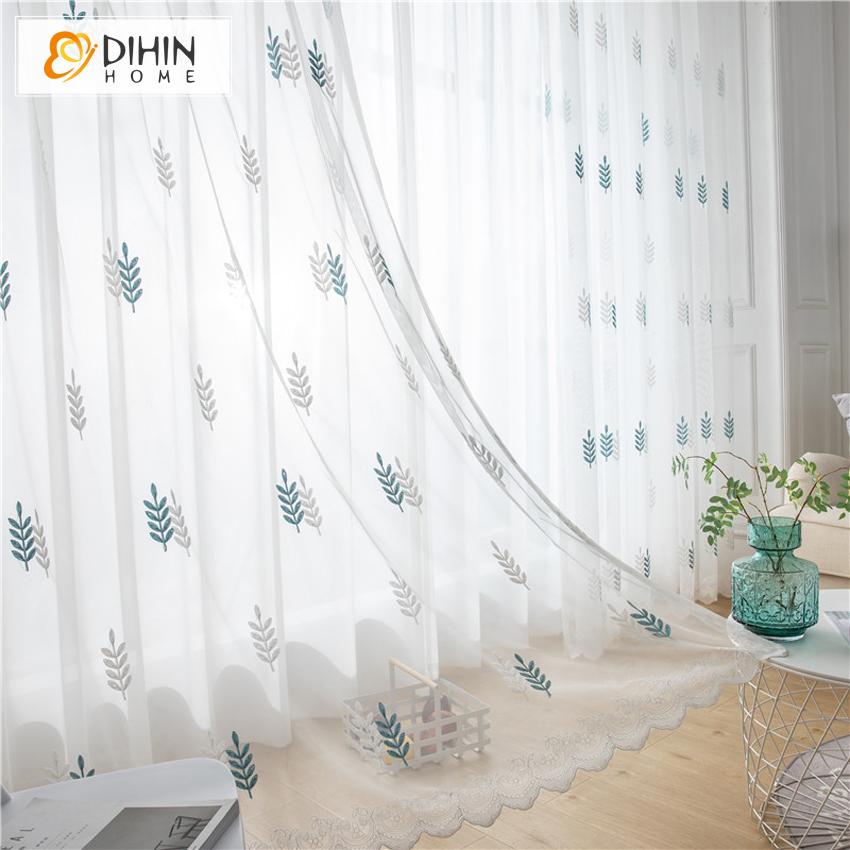 DIHIN HOME Blue and White Wheat Embroidered,Sheer Curtain,Grommet Window Curtain for Living Room ,52x63-inch,1 Panel Curtains custom curtains blackout curtains curtains for living room curtain fabric linen curtains
