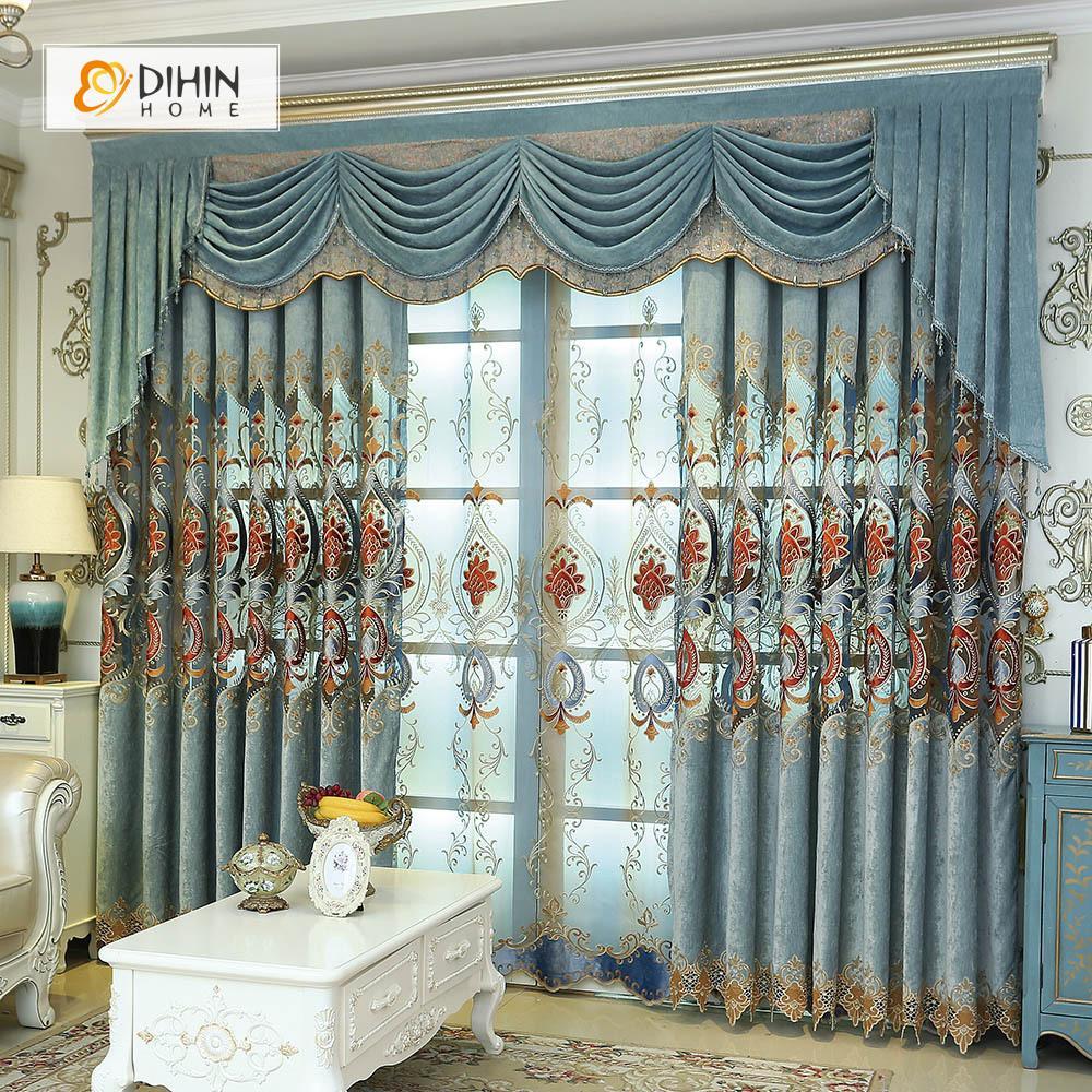 DIHIN HOME Blue Flowers Exquisite Luxury Embroidered Valance ,Blackout Curtains Grommet Window Curtain for Living Room ,52x84-inch,1 Panel Curtains custom curtains blackout curtains curtains for living room curtain fabric linen curtains