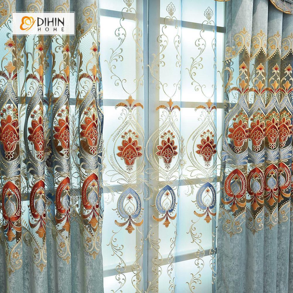 DIHIN HOME Blue Flowers Exquisite Luxury Embroidered Valance ,Blackout Curtains Grommet Window Curtain for Living Room ,52x84-inch,1 Panel Curtains custom curtains blackout curtains curtains for living room curtain fabric linen curtains