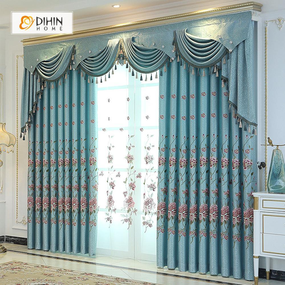 DIHIN HOME Blue High Quality Embroidered Valance ,Blackout Curtains Grommet Window Curtain for Living Room ,52x84-inch,1 Panel Curtains custom curtains blackout curtains curtains for living room curtain fabric linen curtains