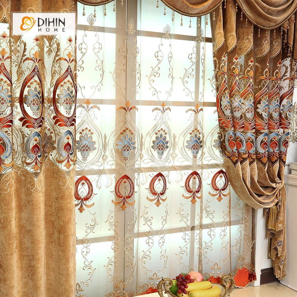 DIHIN HOME Brown Velvet Exquisite Luxury Embroidered Valance ,Blackout Curtains Grommet Window Curtain for Living Room ,52x84-inch,1 Panel Curtains custom curtains blackout curtains curtains for living room curtain fabric linen curtains