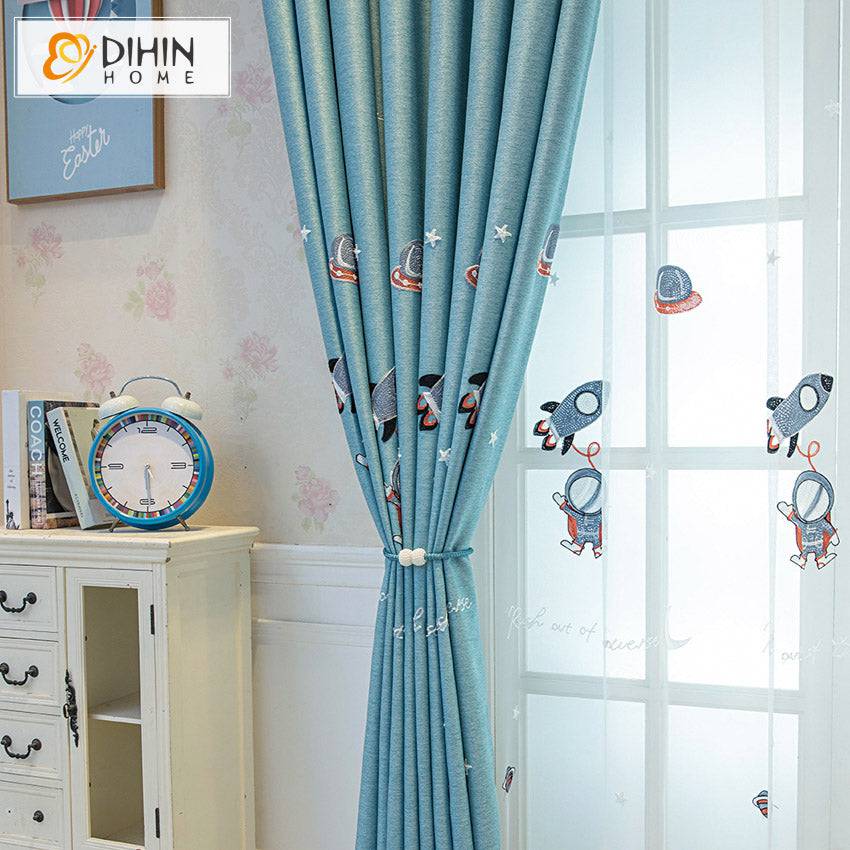 DIHIN HOME Cartoon Blue Color Astronaut Embroidered,Blackout Grommet Window Curtain for Living Room ,52x63-inch,1 Panel Roman Shades Curtains Window Blinds custom curtains blackout curtains curtains for living room sheer curtains curtain fabric linen curtains kitchen curtains velvet curtains pinch pleat curtains bay window curtains outdoor curtains pleated curtains floral curtains dining room curtains kitchen valances drapes for bedroom patio curtains nursery curtains grommet curtains