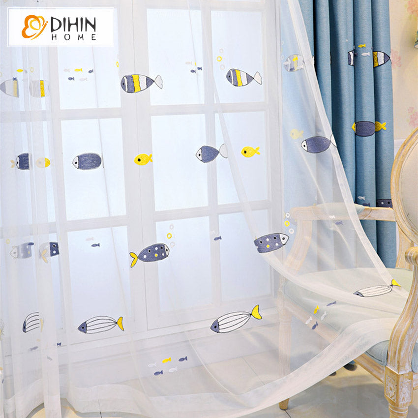 DIHIN HOME Cartoon Blue Color Fish Embroidered,Blackout Grommet Window Curtain for Living Room ,52x63-inch,1 Panel Roman Shades Curtains Window Blinds custom curtains blackout curtains curtains for living room sheer curtains curtain fabric linen curtains kitchen curtains velvet curtains pinch pleat curtains bay window curtains outdoor curtains pleated curtains floral curtains dining room curtains kitchen valances drapes for bedroom patio curtains nursery curtains grommet curtains