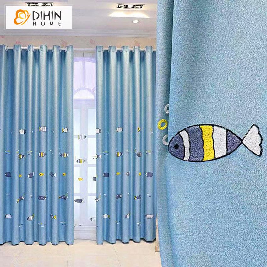 DIHIN HOME Cartoon Blue Color Fish Embroidered,Blackout Grommet Window Curtain for Living Room ,52x63-inch,1 Panel Roman Shades Curtains Window Blinds custom curtains blackout curtains curtains for living room sheer curtains curtain fabric linen curtains kitchen curtains velvet curtains pinch pleat curtains bay window curtains outdoor curtains pleated curtains floral curtains dining room curtains kitchen valances drapes for bedroom patio curtains nursery curtains grommet curtains