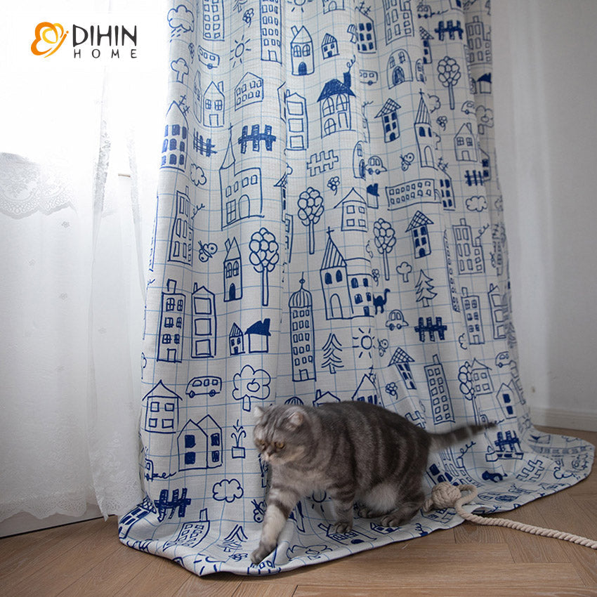 DIHIN HOME Cartoon Blue Color Printed,Blackout Grommet Window Curtain for Living Room ,52x63-inch,1 Panel Roman Shades Curtains Window Blinds custom curtains blackout curtains curtains for living room sheer curtains curtain fabric linen curtains kitchen curtains velvet curtains pinch pleat curtains bay window curtains outdoor curtains pleated curtains floral curtains dining room curtains kitchen valances drapes for bedroom patio curtains nursery curtains grommet curtains