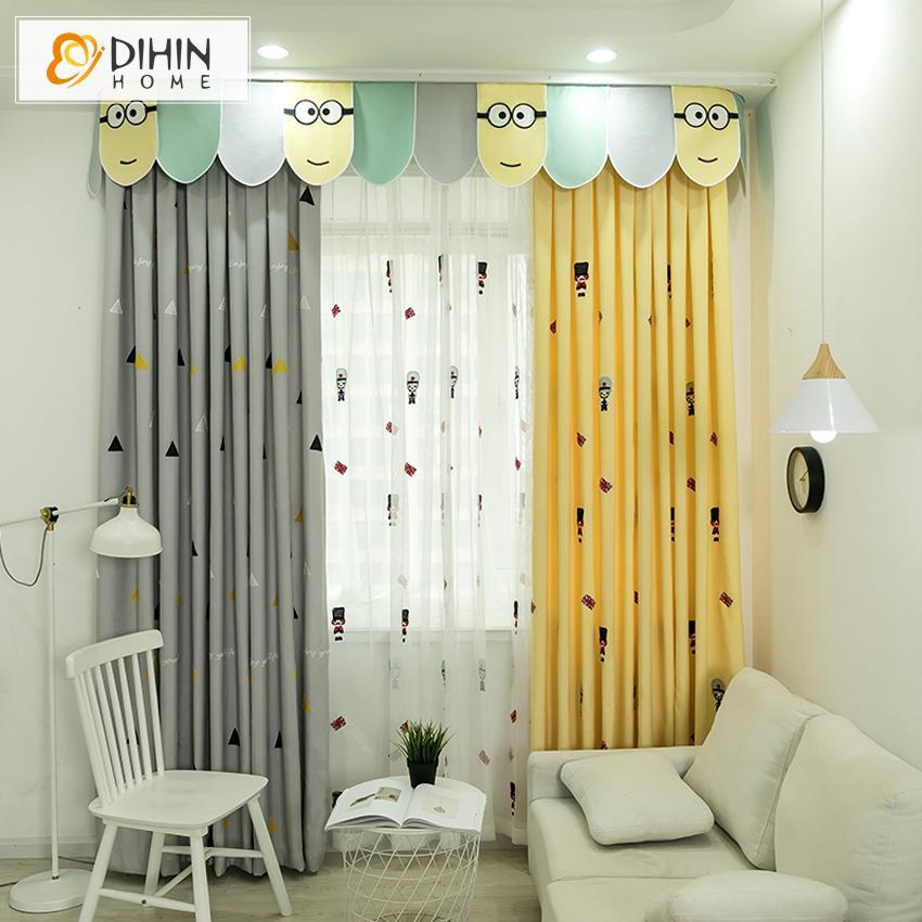 DIHIN HOME Cartoon Children Yellow and Grey Embroidered Curtain With Valance,Blackout Curtains Grommet Window Curtain for Living Room ,52x84-inch,1 Panel Roman Shades Window Curtains Curtains Window Blinds Curtains Drapes linen drapery curtains and drapes windows drapes custom curtains blackout curtains curtains for living room window shades sheer curtains curtain fabric window treatments custom drapery