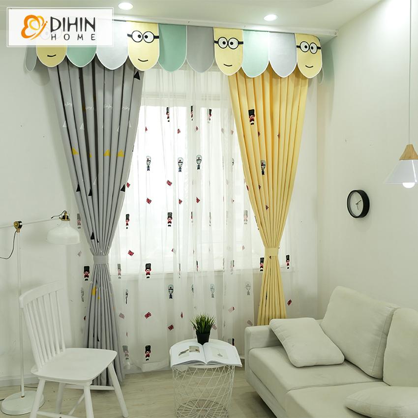DIHIN HOME Cartoon Children Yellow and Grey Embroidered Curtain With Valance,Blackout Curtains Grommet Window Curtain for Living Room ,52x84-inch,1 Panel Roman Shades Window Curtains Curtains Window Blinds Curtains Drapes linen drapery curtains and drapes windows drapes custom curtains blackout curtains curtains for living room window shades sheer curtains curtain fabric window treatments custom drapery