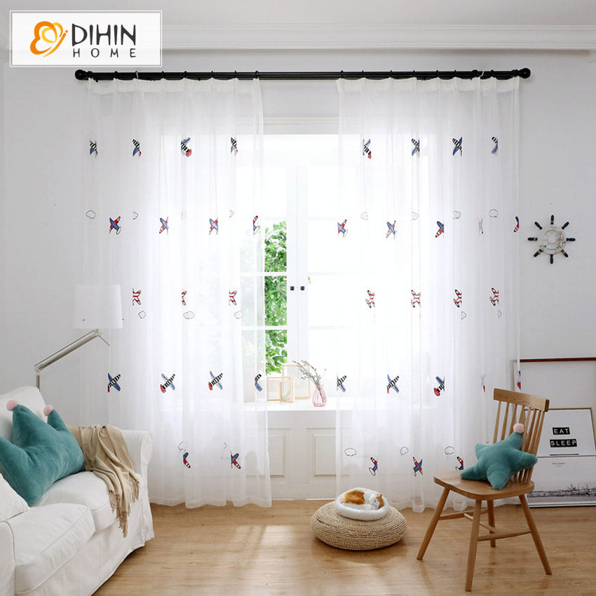 DIHIN HOME Cartoon Helicopter Embroidered Sheer Curtain, Grommet Window Curtain for Living Room ,52x63-inch,1 Panel Roman Shades Window Curtains Curtains Window Blinds Curtains Drapes linen drapery curtains and drapes windows drapes custom curtains blackout curtains curtains for living room window shades sheer curtains curtain fabric window treatments custom drapery