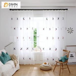 DIHIN HOME Cartoon Helicopter Embroidered Sheer Curtain, Grommet Window Curtain for Living Room ,52x63-inch,1 Panel Roman Shades Window Curtains Curtains Window Blinds Curtains Drapes linen drapery curtains and drapes windows drapes custom curtains blackout curtains curtains for living room window shades sheer curtains curtain fabric window treatments custom drapery