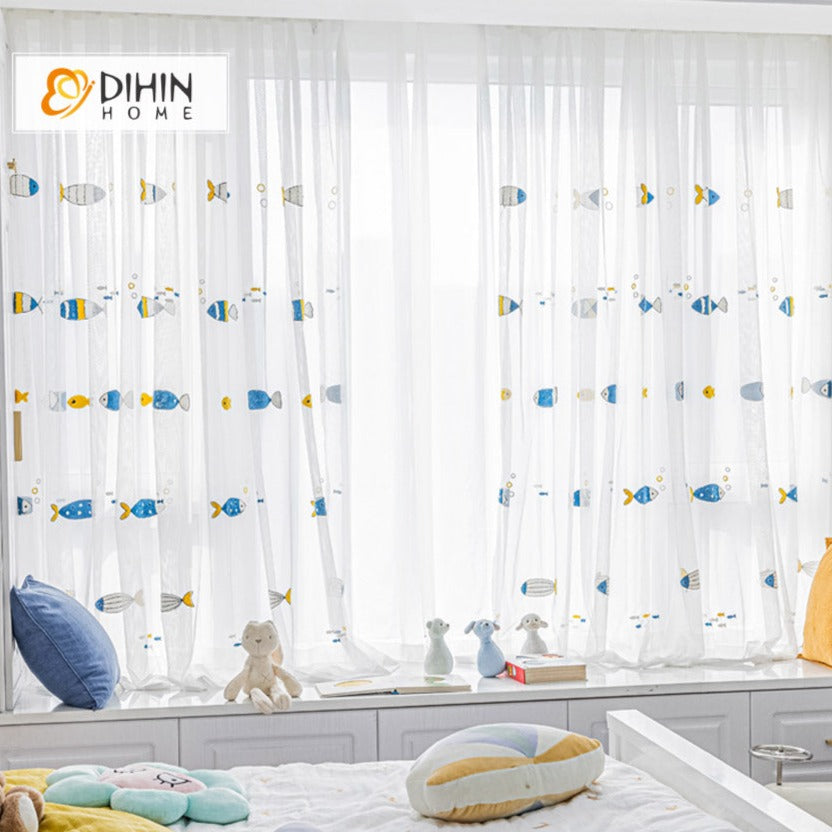DIHIN HOME Cartoon Little Fish Embroidered,Grommet Window Sheer Curtain for Living Room ,52x63-inch,1 Panel Roman Shades Curtains Window Blinds custom curtains blackout curtains curtains for living room sheer curtains curtain fabric linen curtains kitchen curtains velvet curtains pinch pleat curtains bay window curtains outdoor curtains pleated curtains floral curtains dining room curtains kitchen valances drapes for bedroom patio curtains nursery curtains grommet curtains