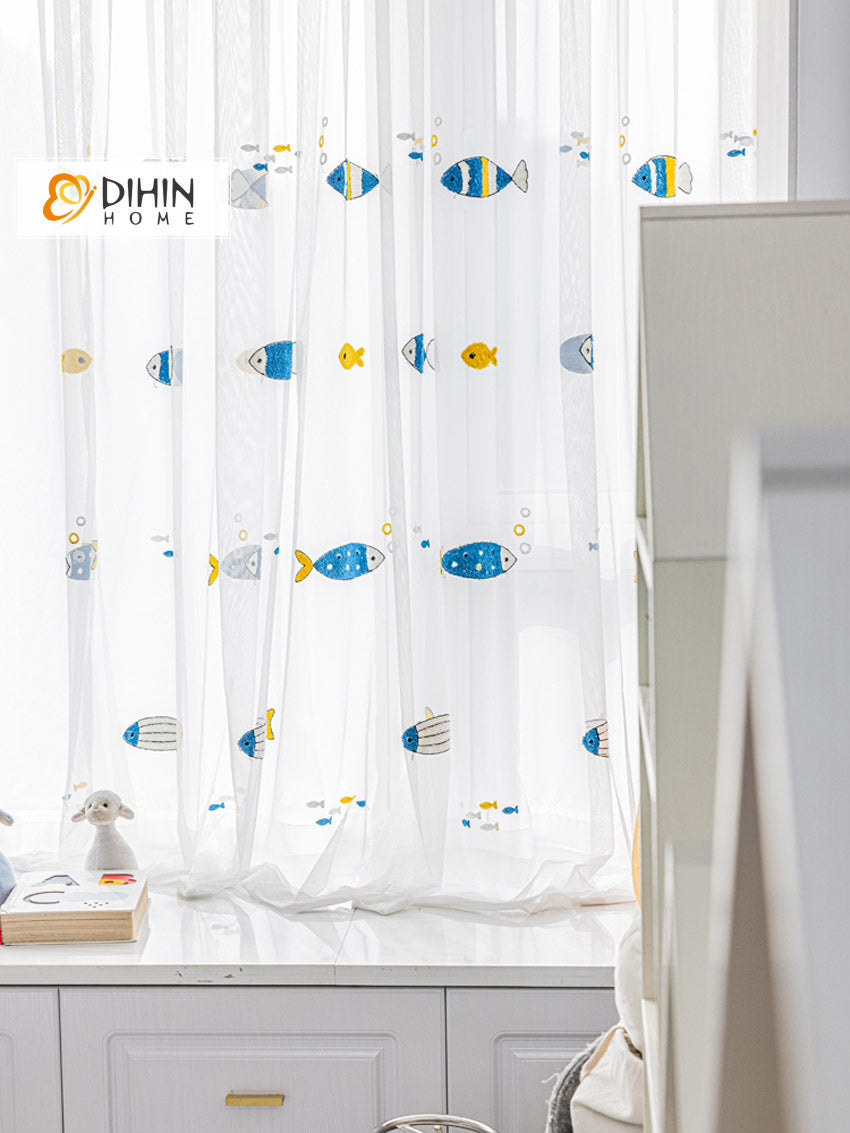 DIHIN HOME Cartoon Little Fish Embroidered,Grommet Window Sheer Curtain for Living Room ,52x63-inch,1 Panel Roman Shades Curtains Window Blinds custom curtains blackout curtains curtains for living room sheer curtains curtain fabric linen curtains kitchen curtains velvet curtains pinch pleat curtains bay window curtains outdoor curtains pleated curtains floral curtains dining room curtains kitchen valances drapes for bedroom patio curtains nursery curtains grommet curtains