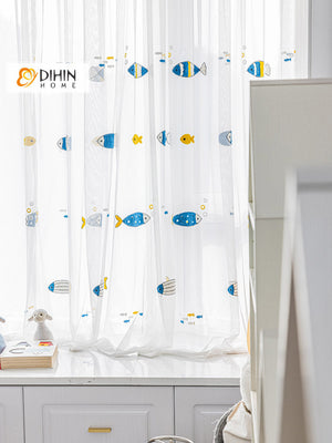 DIHIN HOME Cartoon Little Fish Embroidered,Grommet Window Sheer Curtain for Living Room ,52x63-inch,1 Panel Roman Shades Curtains Window Blinds custom curtains blackout curtains curtains for living room sheer curtains curtain fabric linen curtains kitchen curtains velvet curtains pinch pleat curtains bay window curtains outdoor curtains pleated curtains floral curtains dining room curtains kitchen valances drapes for bedroom patio curtains nursery curtains grommet curtains