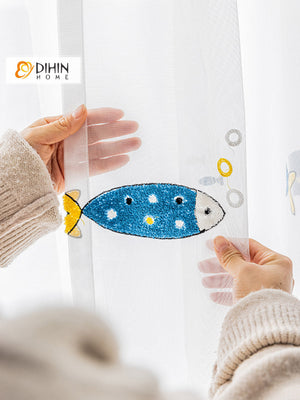 DIHIN HOME Cartoon Little Fish Embroidered,Grommet Window Sheer Curtain for Living Room ,52x63-inch,1 Panel Roman Shades Curtains Window Blinds custom curtains blackout curtains curtains for living room sheer curtains curtain fabric linen curtains kitchen curtains velvet curtains pinch pleat curtains bay window curtains outdoor curtains pleated curtains floral curtains dining room curtains kitchen valances drapes for bedroom patio curtains nursery curtains grommet curtains