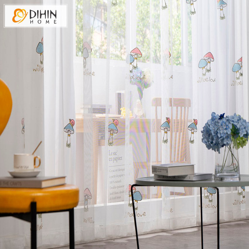 DIHIN HOME Cartoon Mushroom Embroidered Sheer Curtain, Grommet Window Curtain for Living Room ,52x63-inch,1 Panel Roman Shades Curtains Window Blinds custom curtains blackout curtains curtains for living room sheer curtains curtain fabric linen curtains kitchen curtains velvet curtains pinch pleat curtains bay window curtains outdoor curtains pleated curtains floral curtains dining room curtains kitchen valances drapes for bedroom patio curtains nursery curtains grommet curtains