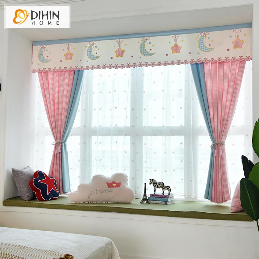 DIHIN HOME Cartoon Pink Striped Style Star and Moon Printed Curtain With Valance,Blackout Curtains Grommet Window Curtain for Living Room ,52x84-inch,1 Panel Roman Shades Window Curtains Curtains Window Blinds Curtains Drapes linen drapery curtains and drapes windows drapes custom curtains blackout curtains curtains for living room window shades sheer curtains curtain fabric window treatments custom drapery