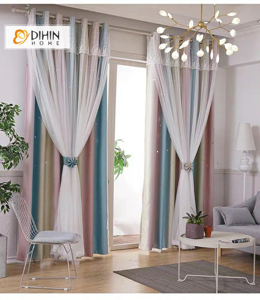 DIHIN HOME Cartoon Princess Lace Striped Blackout Curtains With Sheer Curtain,Blackout Grommet Window Curtain for Living Room ,52x63-inch,1 Panel Roman Shades Window Curtains Curtains Window Blinds Curtains Drapes linen drapery curtains and drapes windows drapes custom curtains blackout curtains curtains for living room window shades sheer curtains curtain fabric window treatments custom drapery