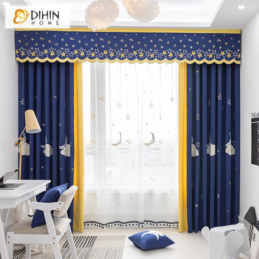 DIHIN HOME Cartoon Sweet Dream Blue  Embroidered Curtain With Valance,Blackout Curtains Grommet Window Curtain for Living Room ,52x84-inch,1 Panel Roman Shades Window Curtains Curtains Window Blinds Curtains Drapes linen drapery curtains and drapes windows drapes custom curtains blackout curtains curtains for living room window shades sheer curtains curtain fabric window treatments custom drapery