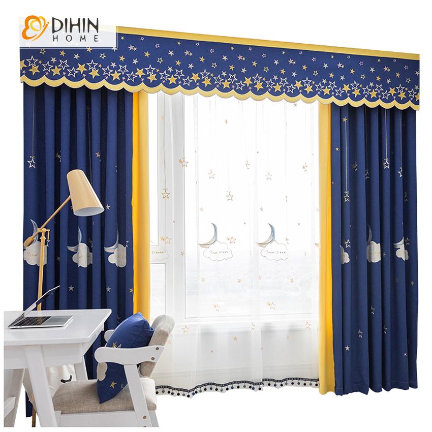 DIHIN HOME Cartoon Sweet Dream Blue  Embroidered Curtain With Valance,Blackout Curtains Grommet Window Curtain for Living Room ,52x84-inch,1 Panel Roman Shades Window Curtains Curtains Window Blinds Curtains Drapes linen drapery curtains and drapes windows drapes custom curtains blackout curtains curtains for living room window shades sheer curtains curtain fabric window treatments custom drapery