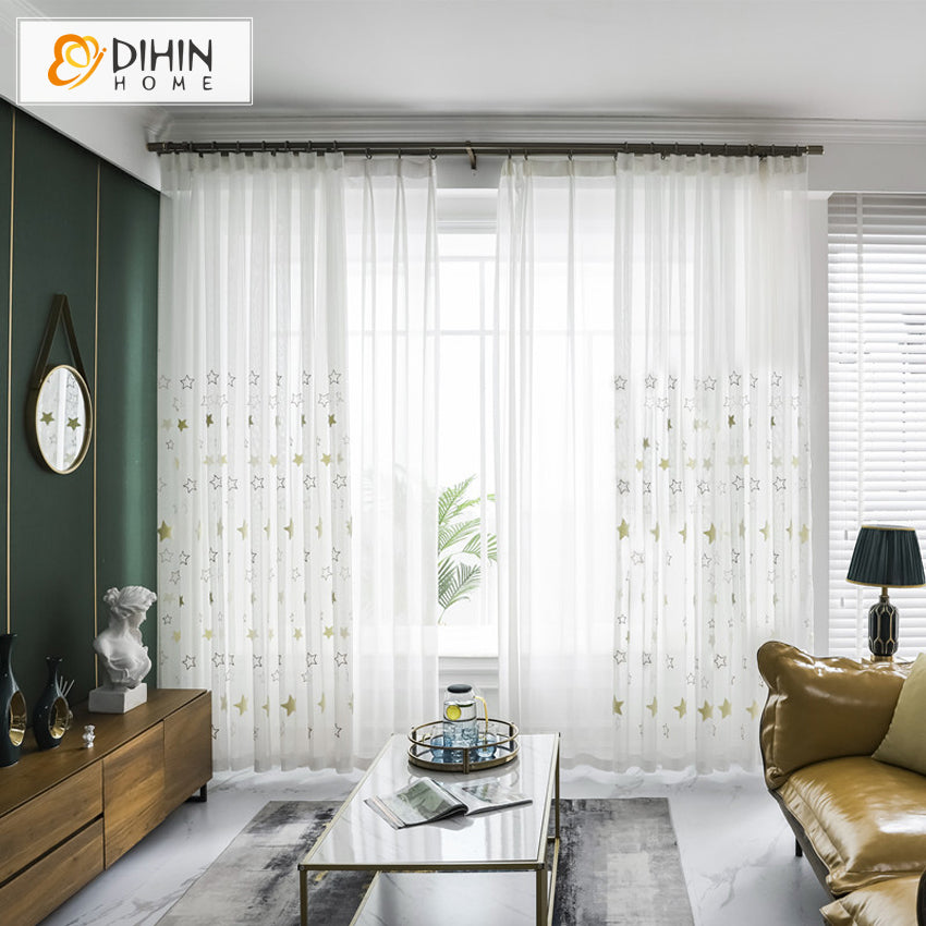 DIHIN HOME Cartoon White Stars Embroidered,Sheer Curtain,Grommet Window Curtain for Living Room ,52x63-inch,1 Panel Curtains custom curtains blackout curtains curtains for living room curtain fabric linen curtains