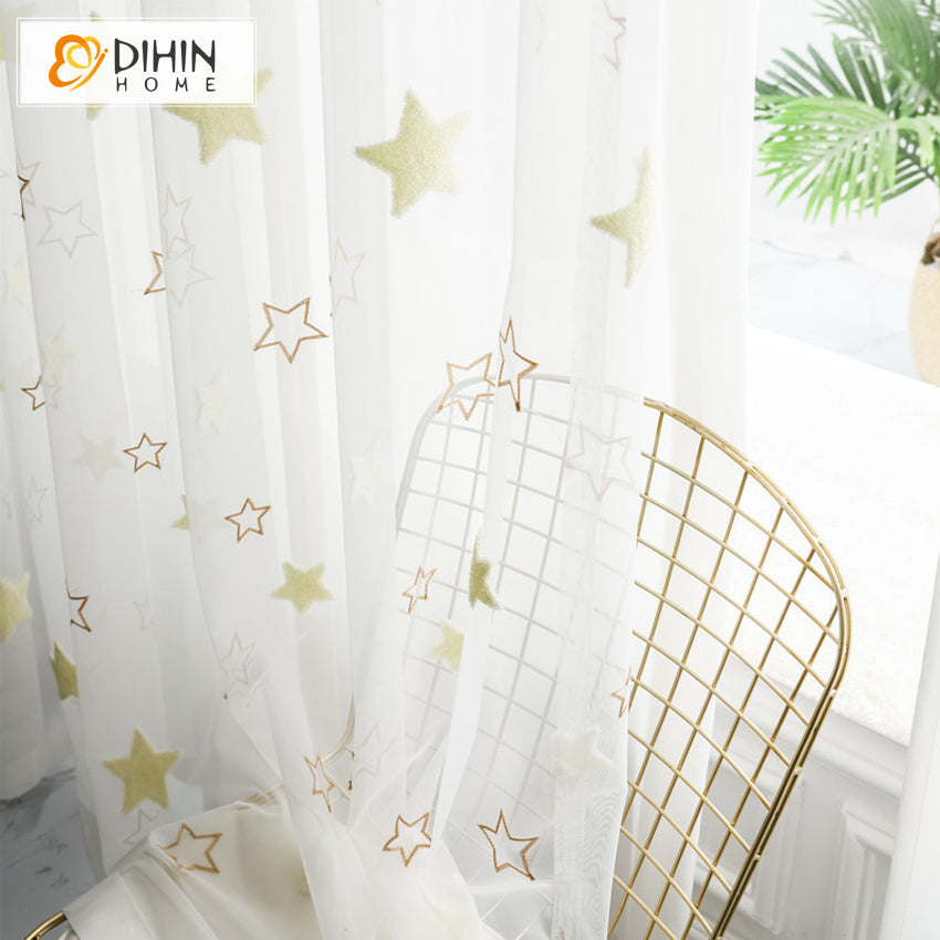 DIHIN HOME Cartoon White Stars Embroidered,Sheer Curtain,Grommet Window Curtain for Living Room ,52x63-inch,1 Panel Curtains custom curtains blackout curtains curtains for living room curtain fabric linen curtains