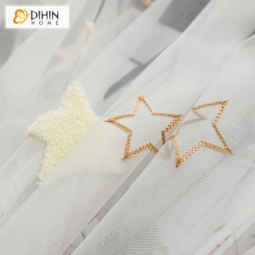 DIHIN HOME Cartoon White Stars Embroidered,Sheer Curtain,Grommet Window Curtain for Living Room ,52x63-inch,1 Panel Curtains custom curtains blackout curtains curtains for living room curtain fabric linen curtains