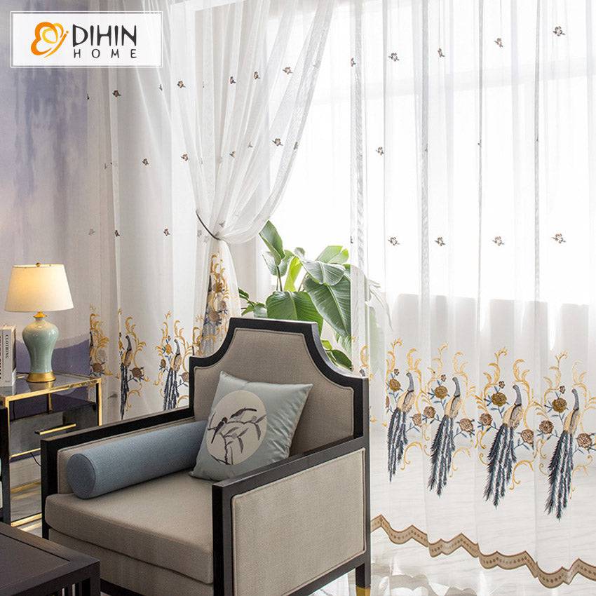 DIHIN HOME Chinese Retro Peacock Embroideried Sheer Curtains,Grommet Window Curtain for Living Room ,52x63-inch,1 Panel Roman Shades Curtains Window Blinds custom curtains blackout curtains curtains for living room sheer curtains curtain fabric linen curtains kitchen curtains velvet curtains pinch pleat curtains bay window curtains outdoor curtains pleated curtains floral curtains dining room curtains kitchen valances drapes for bedroom patio curtains nursery curtains grommet curtains