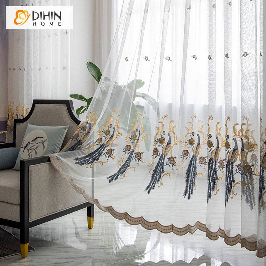DIHIN HOME Chinese Retro Peacock Embroideried Sheer Curtains,Grommet Window Curtain for Living Room ,52x63-inch,1 Panel Roman Shades Curtains Window Blinds custom curtains blackout curtains curtains for living room sheer curtains curtain fabric linen curtains kitchen curtains velvet curtains pinch pleat curtains bay window curtains outdoor curtains pleated curtains floral curtains dining room curtains kitchen valances drapes for bedroom patio curtains nursery curtains grommet curtains