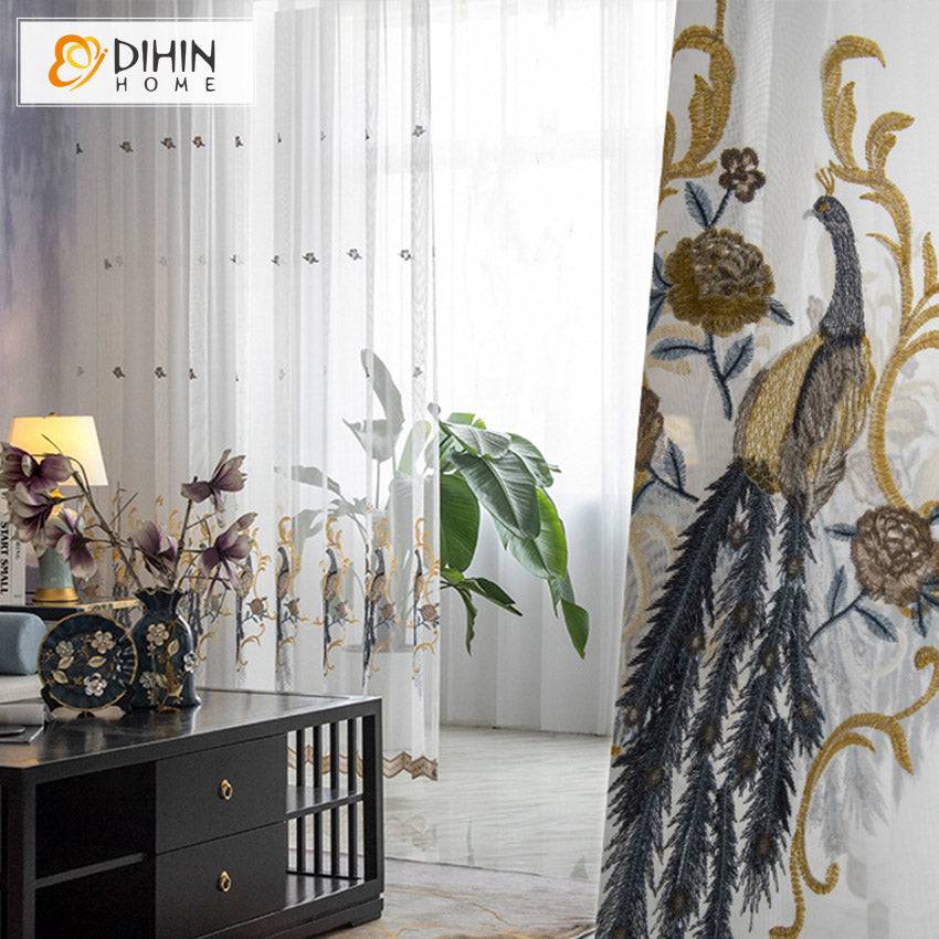 DIHIN HOME Chinese Retro Peacock Embroideried Sheer Curtains,Grommet Window Curtain for Living Room ,52x63-inch,1 Panel Roman Shades Curtains Window Blinds custom curtains blackout curtains curtains for living room sheer curtains curtain fabric linen curtains kitchen curtains velvet curtains pinch pleat curtains bay window curtains outdoor curtains pleated curtains floral curtains dining room curtains kitchen valances drapes for bedroom patio curtains nursery curtains grommet curtains