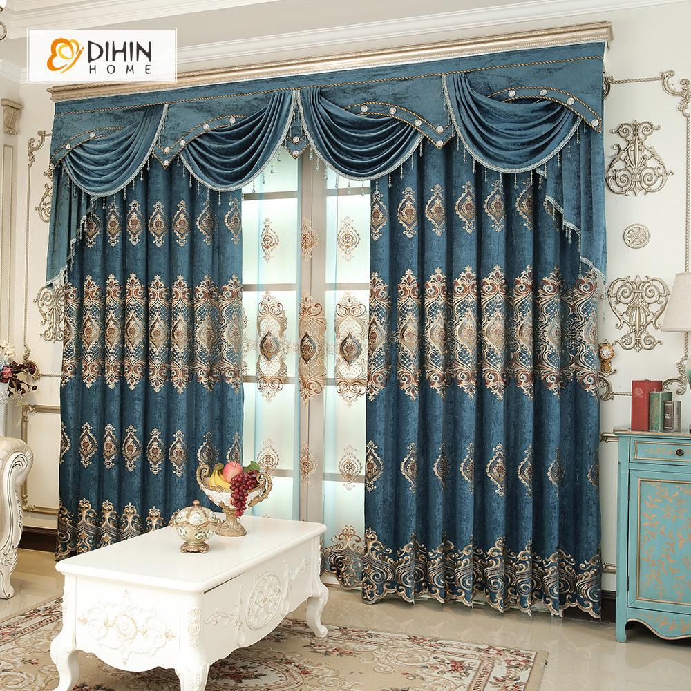 DIHIN HOME Dark Blue Luxury Embroidered Valance ,Blackout Curtains Grommet Window Curtain for Living Room ,52x84-inch,1 Panel Curtains custom curtains blackout curtains curtains for living room curtain fabric linen curtains