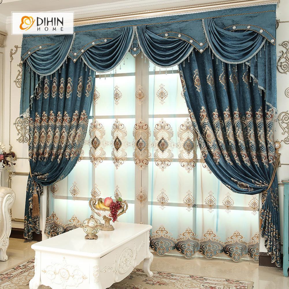 DIHIN HOME Dark Blue Luxury Embroidered Valance ,Blackout Curtains Grommet Window Curtain for Living Room ,52x84-inch,1 Panel Curtains custom curtains blackout curtains curtains for living room curtain fabric linen curtains
