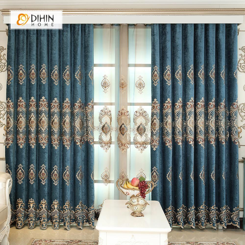 DIHIN HOME Dark Blue Luxury Embroidered Valance ,Blackout Curtains Grommet Window Curtain for Living Room ,52x84-inch,1 Panel Curtains custom curtains blackout curtains curtains for living room curtain fabric linen curtains