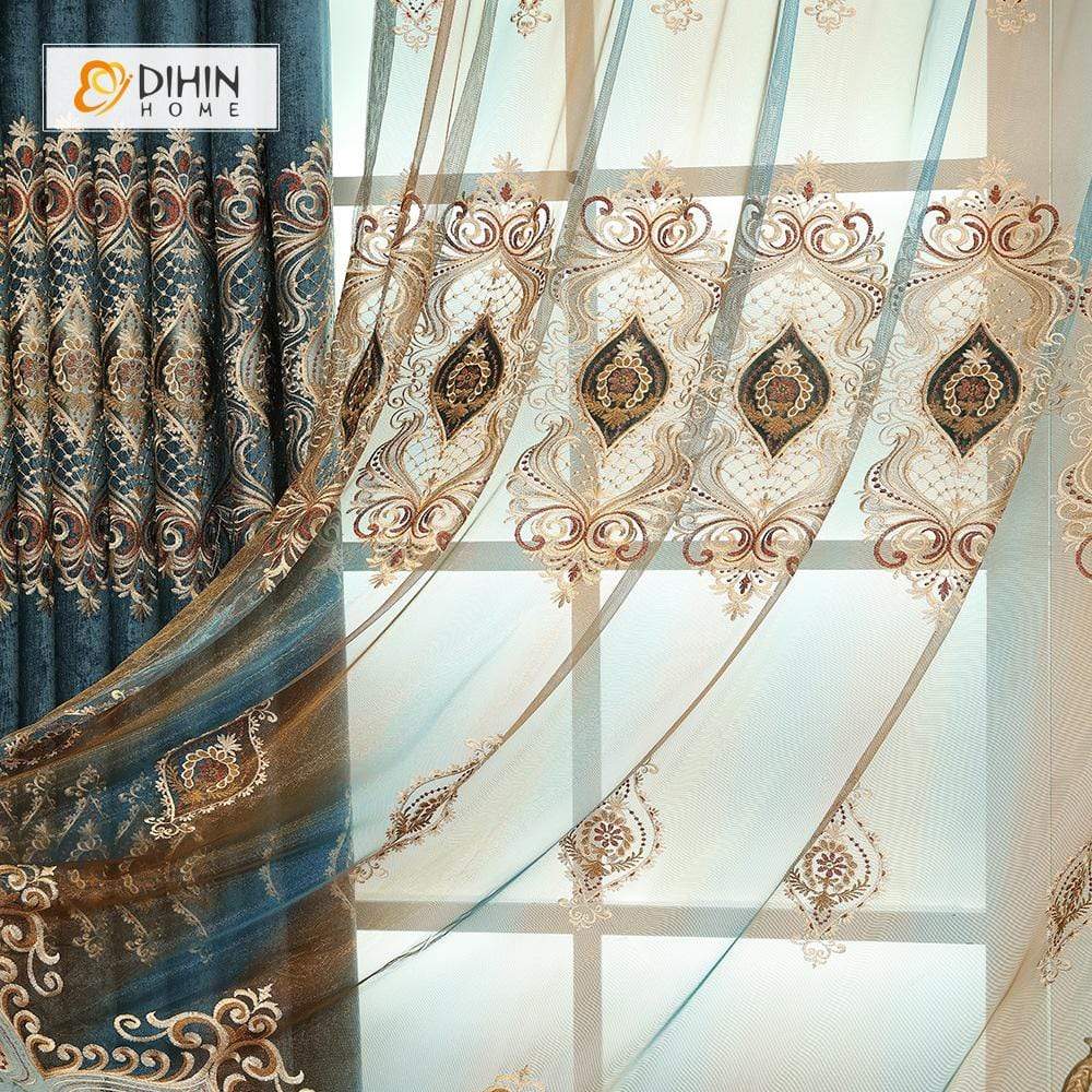 DIHIN HOME Dark Blue Luxury Embroidered Valance ,Blackout Curtains Grommet Window Curtain for Living Room ,52x84-inch,1 Panel Curtains custom curtains blackout curtains curtains for living room curtain fabric linen curtains