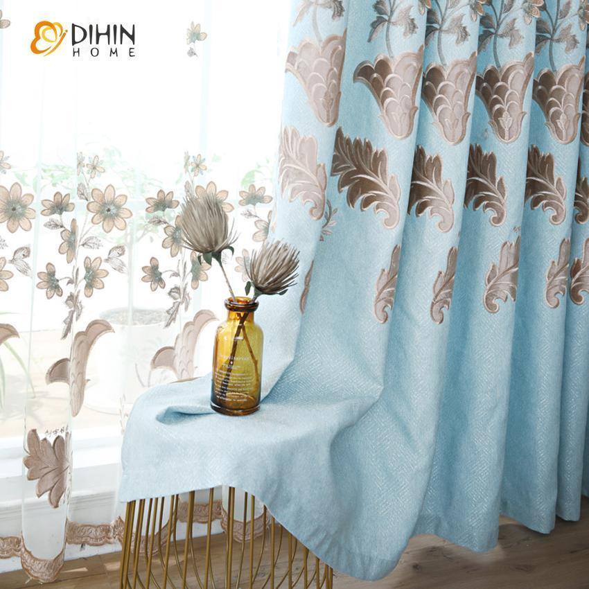DIHIN HOME Embroidered Light Blue Curtains，Blackout Grommet Window Curtain for Living Room ,52x63-inch,1 Panel Roman Shades Curtains Window Blinds custom curtains blackout curtains curtains for living room sheer curtains curtain fabric linen curtains kitchen curtains velvet curtains pinch pleat curtains bay window curtains outdoor curtains pleated curtains floral curtains dining room curtains kitchen valances drapes for bedroom patio curtains nursery curtains grommet curtains