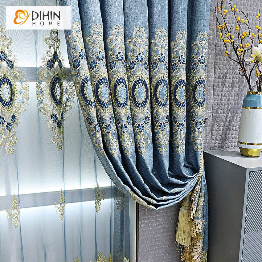 DIHIN HOME European Blue Color Embroidered Curtains,Blackout Grommet Window Curtain for Living Room ,52x84-inch,1 Panel Roman Shades Curtains Window Blinds custom curtains blackout curtains curtains for living room sheer curtains curtain fabric linen curtains kitchen curtains velvet curtains pinch pleat curtains bay window curtains outdoor curtains pleated curtains floral curtains dining room curtains kitchen valances drapes for bedroom patio curtains nursery curtains grommet curtains