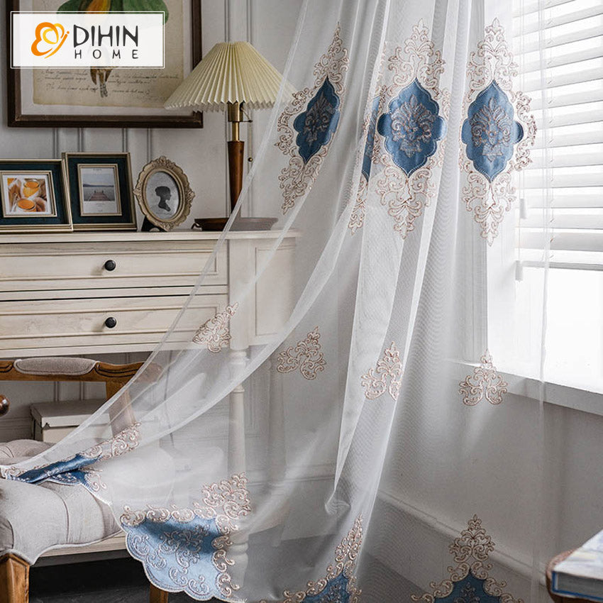 DIHIN HOME European Blue Embroidered Sheer Curtain, Grommet Window Curtain for Living Room ,52x63-inch,1 Panel Roman Shades Curtains Window Blinds custom curtains blackout curtains curtains for living room sheer curtains curtain fabric linen curtains kitchen curtains velvet curtains pinch pleat curtains bay window curtains outdoor curtains pleated curtains floral curtains dining room curtains kitchen valances drapes for bedroom patio curtains nursery curtains grommet curtains
