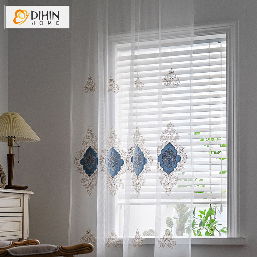 DIHIN HOME European Blue Embroidered Sheer Curtain, Grommet Window Curtain for Living Room ,52x63-inch,1 Panel Roman Shades Curtains Window Blinds custom curtains blackout curtains curtains for living room sheer curtains curtain fabric linen curtains kitchen curtains velvet curtains pinch pleat curtains bay window curtains outdoor curtains pleated curtains floral curtains dining room curtains kitchen valances drapes for bedroom patio curtains nursery curtains grommet curtains