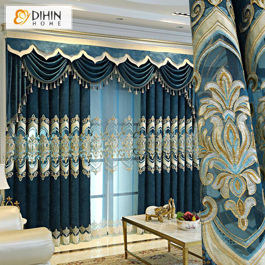 DIHIN HOME European Luxury Embroidered Blue Valance ,Blackout Curtains Grommet Window Curtain for Living Room ,52x84-inch,1 Panel Roman Shades Curtains Window Blinds custom curtains blackout curtains curtains for living room sheer curtains curtain fabric linen curtains kitchen curtains velvet curtains pinch pleat curtains bay window curtains outdoor curtains pleated curtains floral curtains dining room curtains kitchen valances drapes for bedroom patio curtains nursery curtains grommet curtains