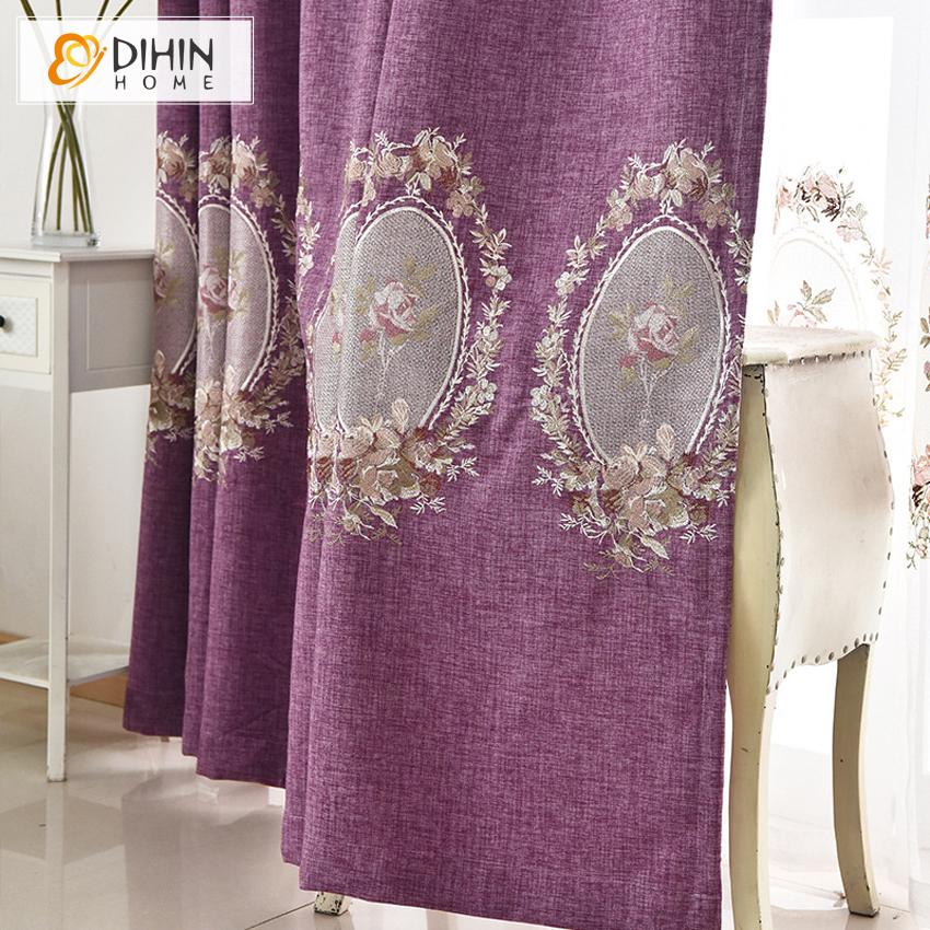 DIHIN HOME European Purple Color Embroidered Curtain,Blackout Curtains Grommet Window Curtain for Living Room ,52x84-inch,1 Panel Curtains custom curtains blackout curtains curtains for living room curtain fabric linen curtains