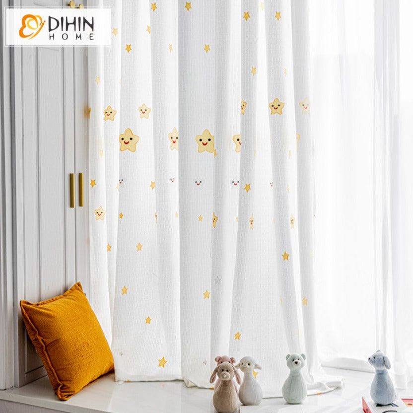 DIHIN HOME European Stars Embroidered,Grommet Window Sheer Curtain for Living Room ,52x63-inch,1 Panel Roman Shades Curtains Window Blinds custom curtains blackout curtains curtains for living room sheer curtains curtain fabric linen curtains kitchen curtains velvet curtains pinch pleat curtains bay window curtains outdoor curtains pleated curtains floral curtains dining room curtains kitchen valances drapes for bedroom patio curtains nursery curtains grommet curtains