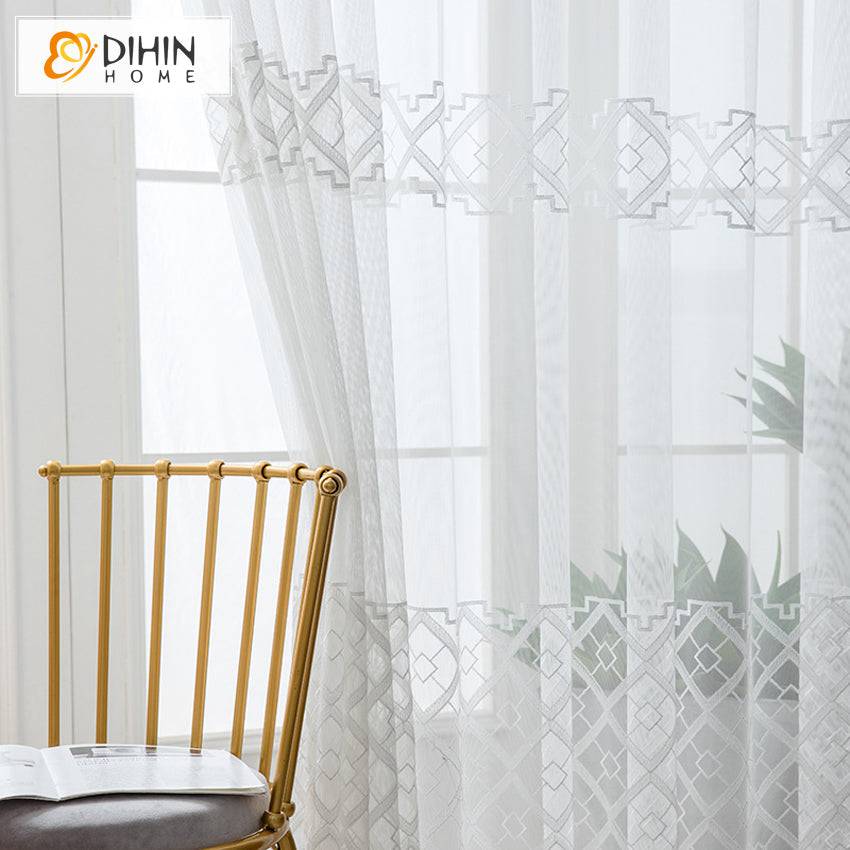 DIHIN HOME European White Geometric Embroidered Sheer Curtain,Grommet Window Curtain for Living Room ,52x63-inch,1 Panel Roman Shades Curtains Window Blinds custom curtains blackout curtains curtains for living room sheer curtains curtain fabric linen curtains kitchen curtains velvet curtains pinch pleat curtains bay window curtains outdoor curtains pleated curtains floral curtains dining room curtains kitchen valances drapes for bedroom patio curtains nursery curtains grommet curtains