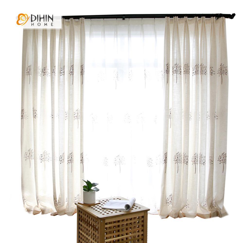 DIHIN HOME Exquisite Tree Embroidered，Blackout Grommet Window Curtain for Living Room ,52x63-inch,1 Panel Curtains custom curtains blackout curtains curtains for living room curtain fabric linen curtains