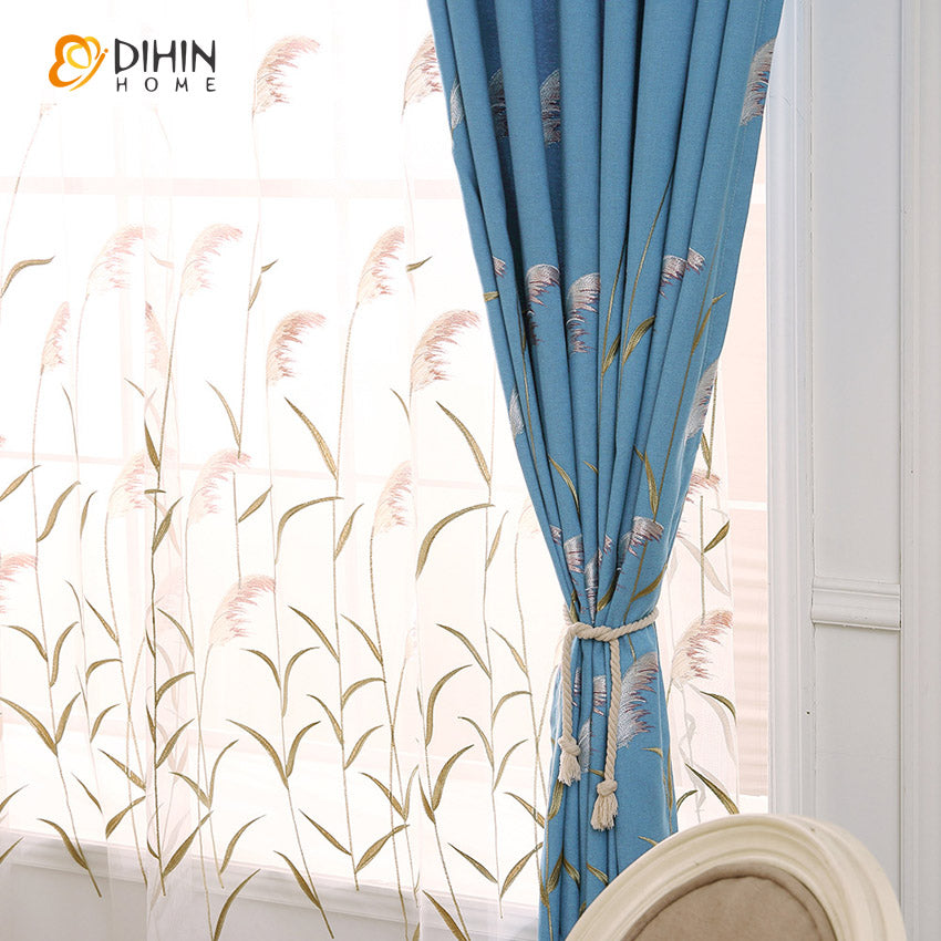 DIHIN HOME Garden Blue Color Reed Embroidered,Blackout Grommet Window Curtain for Living Room ,52x63-inch,1 Panel Roman Shades Curtains Window Blinds custom curtains blackout curtains curtains for living room sheer curtains curtain fabric linen curtains kitchen curtains velvet curtains pinch pleat curtains bay window curtains outdoor curtains pleated curtains floral curtains dining room curtains kitchen valances drapes for bedroom patio curtains nursery curtains grommet curtains