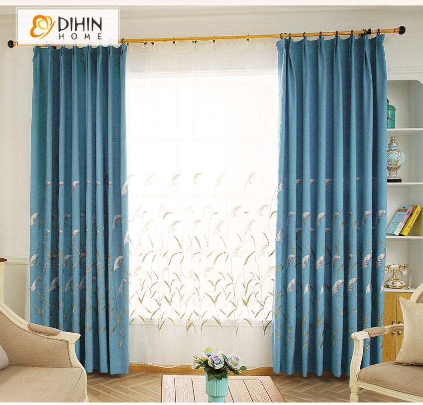 DIHIN HOME Garden Blue Color Reed Embroidered,Blackout Grommet Window Curtain for Living Room ,52x63-inch,1 Panel Roman Shades Curtains Window Blinds custom curtains blackout curtains curtains for living room sheer curtains curtain fabric linen curtains kitchen curtains velvet curtains pinch pleat curtains bay window curtains outdoor curtains pleated curtains floral curtains dining room curtains kitchen valances drapes for bedroom patio curtains nursery curtains grommet curtains