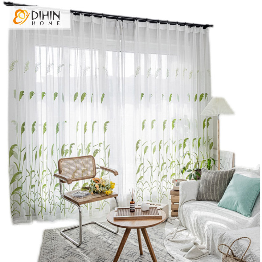DIHIN HOME Garden Green Reeds Embroidered,Grommet Window Sheer Curtain for Living Room ,52x63-inch,1 Panel Roman Shades Curtains Window Blinds custom curtains blackout curtains curtains for living room sheer curtains curtain fabric linen curtains kitchen curtains velvet curtains pinch pleat curtains bay window curtains outdoor curtains pleated curtains floral curtains dining room curtains kitchen valances drapes for bedroom patio curtains nursery curtains grommet curtains
