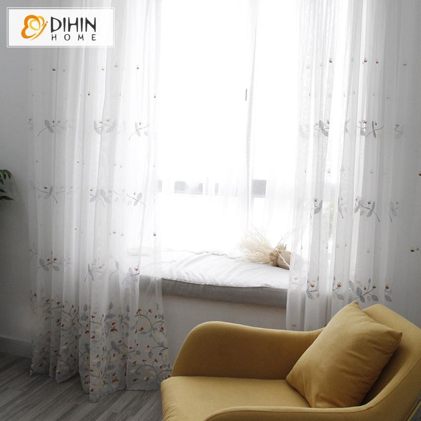 DIHIN HOME Grey Branch Brown FLowers Embroidered Sheer Curtain,Blackout Grommet Window Curtain for Living Room ,52x63-inch,1 Panel Roman Shades Curtains Window Blinds custom curtains blackout curtains curtains for living room sheer curtains curtain fabric linen curtains kitchen curtains velvet curtains pinch pleat curtains bay window curtains outdoor curtains pleated curtains floral curtains dining room curtains kitchen valances drapes for bedroom patio curtains nursery curtains grommet curtains