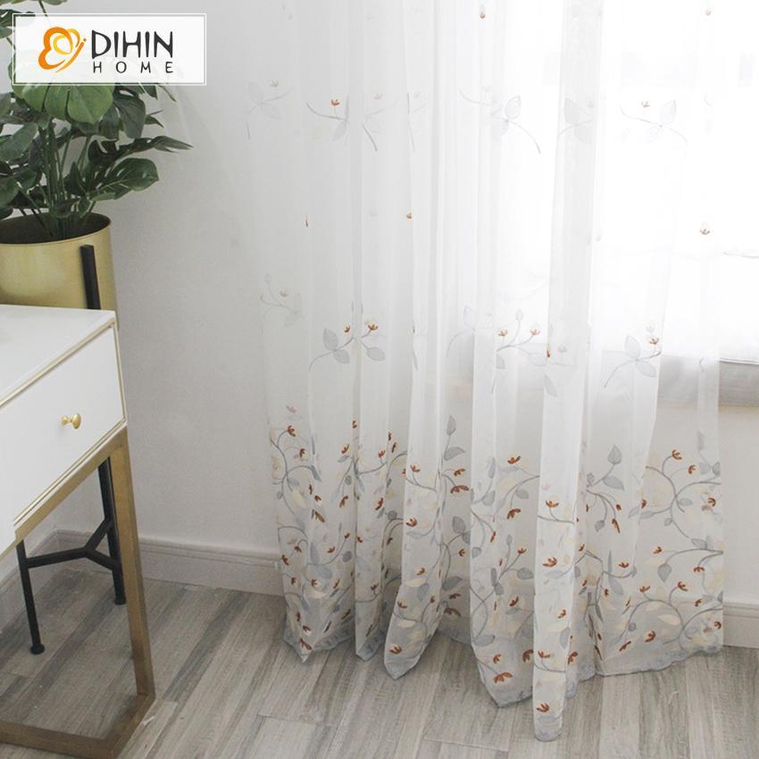 DIHIN HOME Grey Branch Brown FLowers Embroidered Sheer Curtain,Blackout Grommet Window Curtain for Living Room ,52x63-inch,1 Panel Roman Shades Curtains Window Blinds custom curtains blackout curtains curtains for living room sheer curtains curtain fabric linen curtains kitchen curtains velvet curtains pinch pleat curtains bay window curtains outdoor curtains pleated curtains floral curtains dining room curtains kitchen valances drapes for bedroom patio curtains nursery curtains grommet curtains